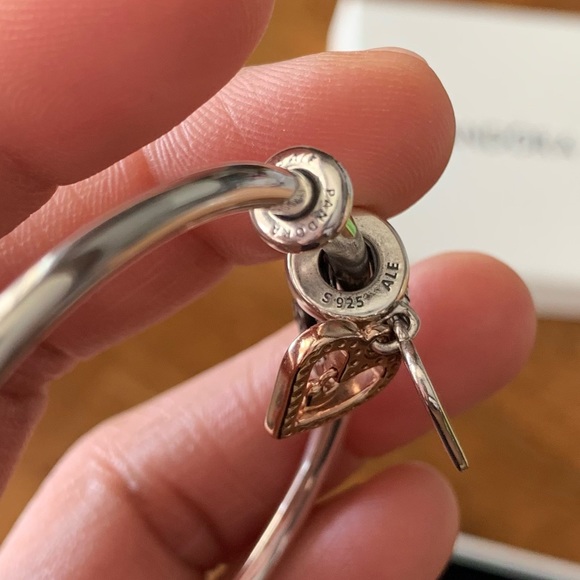 Pandora Open Bangle Charms Bracelet w/ 2 Hearts Pandora Charms & 2 Stoppers EUC - Picture 8 of 16